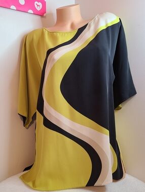 VTG Anne Klein 100% Silk GeoMod Dolman Sleeve Top Size M